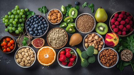 Healthy food clean eating selection: fruit, vegetable, seeds, superfood, leaf vegetable, Generative AI
