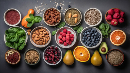 Healthy food clean eating selection: fruit, vegetable, seeds, leaf vegetable, Generative AI