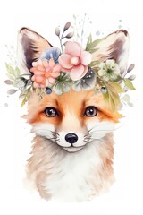 watercolor floral red fox cub. Generative AI