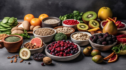 Healthy food clean eating selection: fruit, vegetable, seeds, superfood, cereal, leaf vegetable, Generative AI