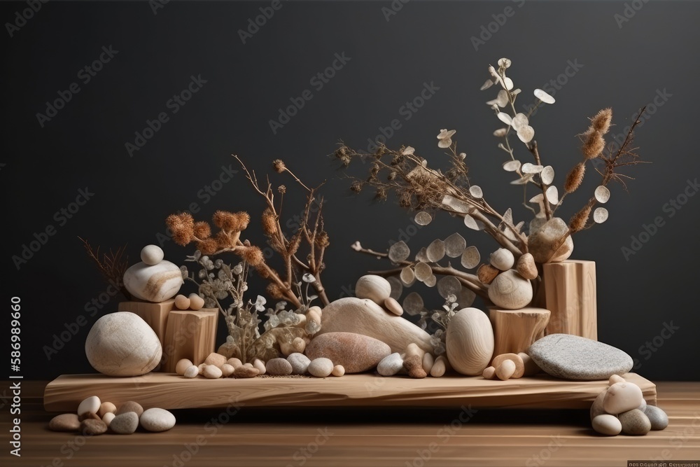Poster rustic wooden table adorned with an array of natural stones and lush green plants. generative ai