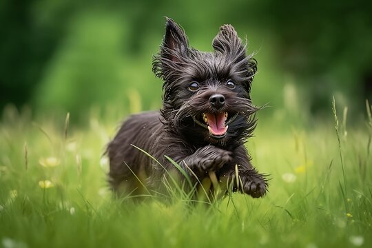 Affenpinscher jumping in joy runing to the camera