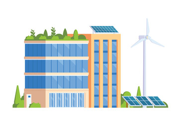 Vector elements representing Green Powered Building. Eco Concept city illustration with a tree, solar panels, wind turbines and green spaces