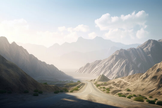 the road that leads to the mountains. The concept of travel. generative ai