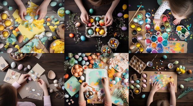 Easter all around the World, kids making artcraft with eggs, chocolat, candies, bunny paper and colored 
rabbit. Top view, composition collage.
