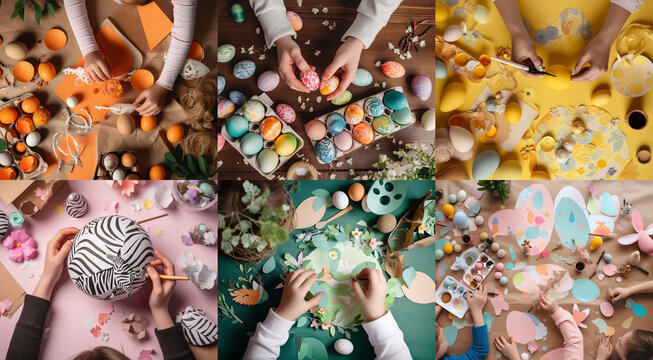 Easter all around the World, kids making artcraft with eggs, chocolat, candies, bunny paper and colored 
rabbit. Top view, composition collage.