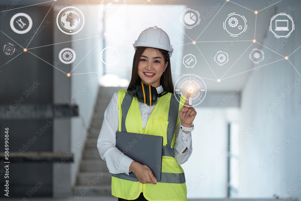 Poster engineer analyzing of under construction project with technology and new innovative on digital table