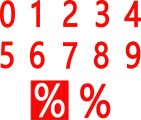 fancy red numbers. 0 1 2 3 4 5 6 7 8 9. the percent sign. %. set. collection. pattern.