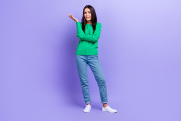Full length photo of questioned lady ask wtf show disobedience unfair situation isolated purple...