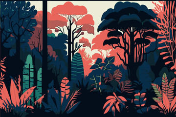 Tropical forest panorama. Tropics horizontal panorama.Vector illustration.