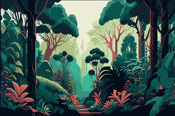Fototapeta na wymiar Tropical forest panorama. Tropics horizontal panorama.Vector illustration.