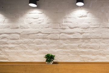 White brick wall illuminated by a black metal lamp with copy space. Small flowerpot on a white brick wall