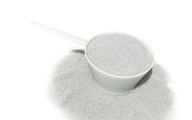 Sport food supplement powder 3d render on trasparent background. Supplement, creatine, hmb, bcaa, amino acid or vitamine in a white scoop. Sport nutrition healthy life concept