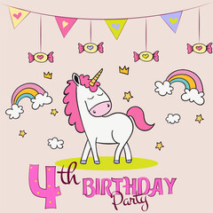 happy birthday card with horse, birthday card with horse, birthday party invitation with baby unicorn, hand drawn unicorn poster design, 4th birthday