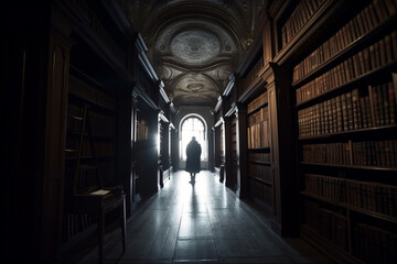 Man standing in private library interior. Generative AI illustration