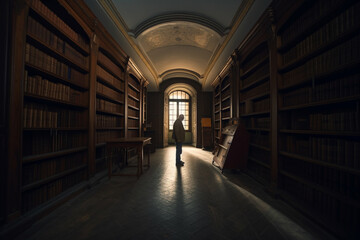 Man standing in private library interior. Generative AI illustration