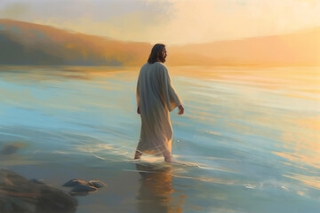 Fototapeta na wymiar Jesus walking on water. Generative AI illustration
