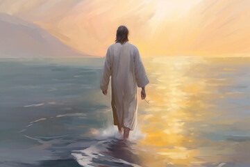 Jesus walking on water. Generative AI illustration