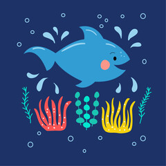 Cute shark, flat vector illustration. Funny ocean animal hand drawn cartoon character on a blue background. Childish t-shirt print design