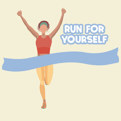 Flat style vector illustration with a running girl who finishes with, a hand drawn lettering