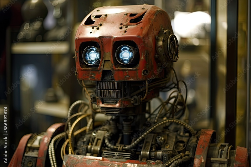 Poster red robot with glowing eyes and a light. generative ai