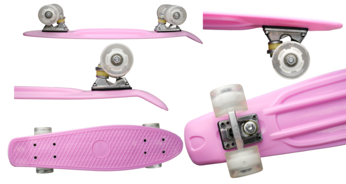 Pink Penny board for riding for the satisfaction and development of the vestibular apparatus on transparent background. Top view, side view, reversed, close-up Png realistic design element