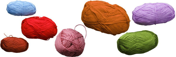 Colorful cotton thread for knitting Balls isolated on transparent background. Set of four color...