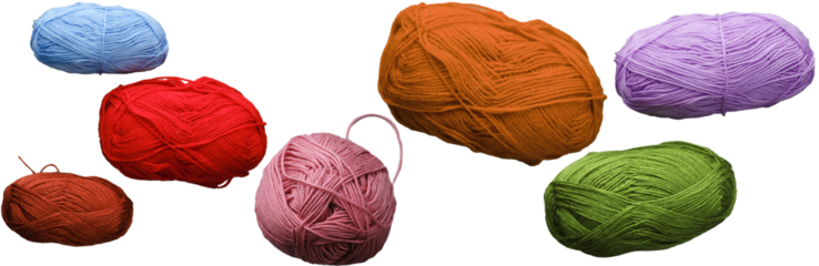 Colorful cotton thread for knitting Balls isolated on transparent background. Set of four color (orange, red, green, blue) thread balls. Png realistic design element