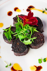 black pudding fresh bloody sausage meal food snack on the table copy space food background rustic...
