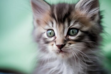 A close up of a cute kitten with green eyes against a blurred background. Generative AI