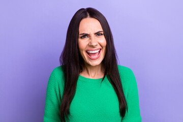 Fototapeta premium Photo of unhappy mad yelling woman make noise loud fight have problem with boyfriend isolated purple color background