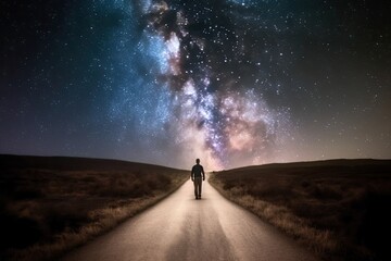 Obraz na płótnie Canvas Lonely man walking down a long road. Generative AI