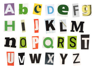 alphabet magazine cut out font, ransom letter, isolated collage elements for text alphabet. hand...