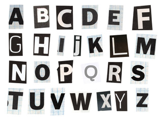 alphabet magazine cut out font, ransom letter, isolated collage elements for text alphabet. hand made and cut, high quality scan. halftone pattern and texture detail. newspaper and scraps