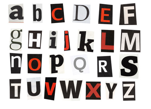 alphabet magazine cut out font, ransom letter, isolated collage elements for text alphabet. hand made and cut, high quality scan. halftone pattern and texture detail. newspaper and scraps