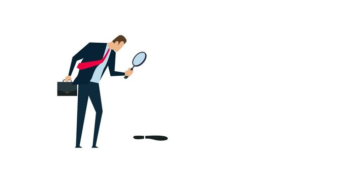 4k animation of Business success footprint, smart businessman using magnifying glass investigating bigger foot steps.
