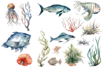 Obraz premium Watercolor fish. Fresh organic seafood. Nature drawing - Vector illustration.