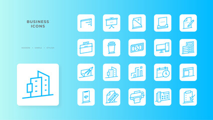 Business icon collection with blue outline style. network, outline, social, person, web, business, collection. Vector illustration