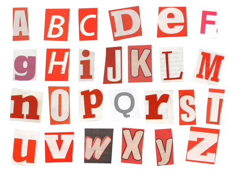 alphabet magazine cut out font, ransom letter, isolated collage elements for text alphabet. hand made and cut, high quality scan. halftone pattern and texture detail. newspaper and scraps
