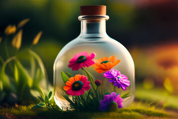 Natural flowers grow in a glass bottle or jar outside on the grass. Dramatic light. Botanical terrarium with its own ecosystem. The concept of air pollution and environmental ecology. Generative AI.