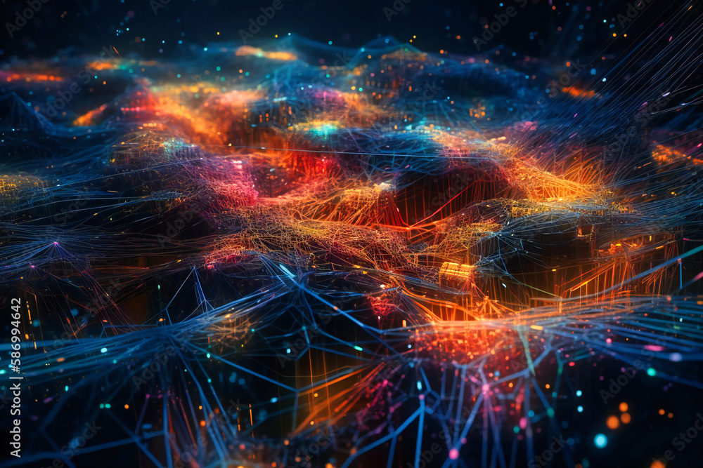 Aufkleber a captivating visualization of digital cyberspace, where particles and network connections coalesce 