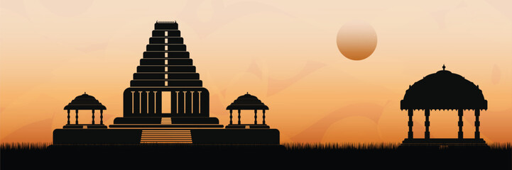 South Indian ancient stone architecture temple and temple hall silhouette vector illustration. banner, poster, wallpaper design. Temple gopuram, mandapam. - obrazy, fototapety, plakaty