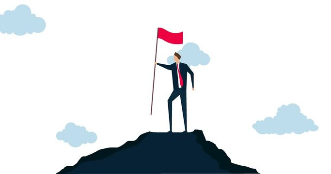 4k animation of Business goal achievement , confidence businessman standing proudly with victory flag on high mountain peak up hill.