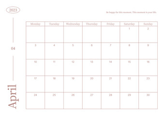 April 2023 simple design digital and printable calendar template illustration. Notes, scheduler, diary, calendar, memo, planner document template background.