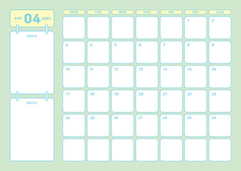 April 2023 simple design digital and printable calendar template illustration. Notes, scheduler, diary, calendar, memo, planner document template background. 