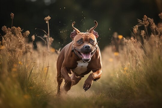 American Staffordshire Terrier jumping in joy runing to the camera