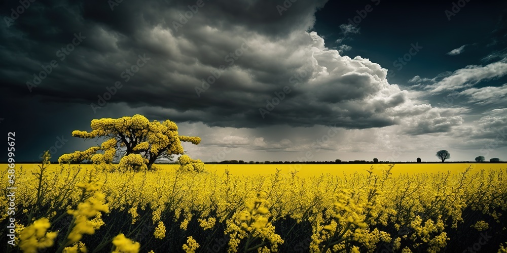 Poster background rapeseed field with overcast sky. generative ai