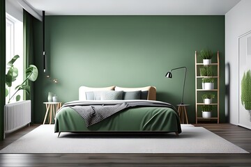 Bed Between Ladder and Plant in Green Boho Bedroom Interior with Grey Carpet under Lamps
