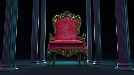 3D render of red king throne on a dark columns background, king armchair with black columns