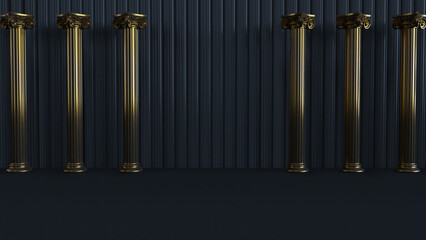 3D render of gold columns on dark background, abstract background